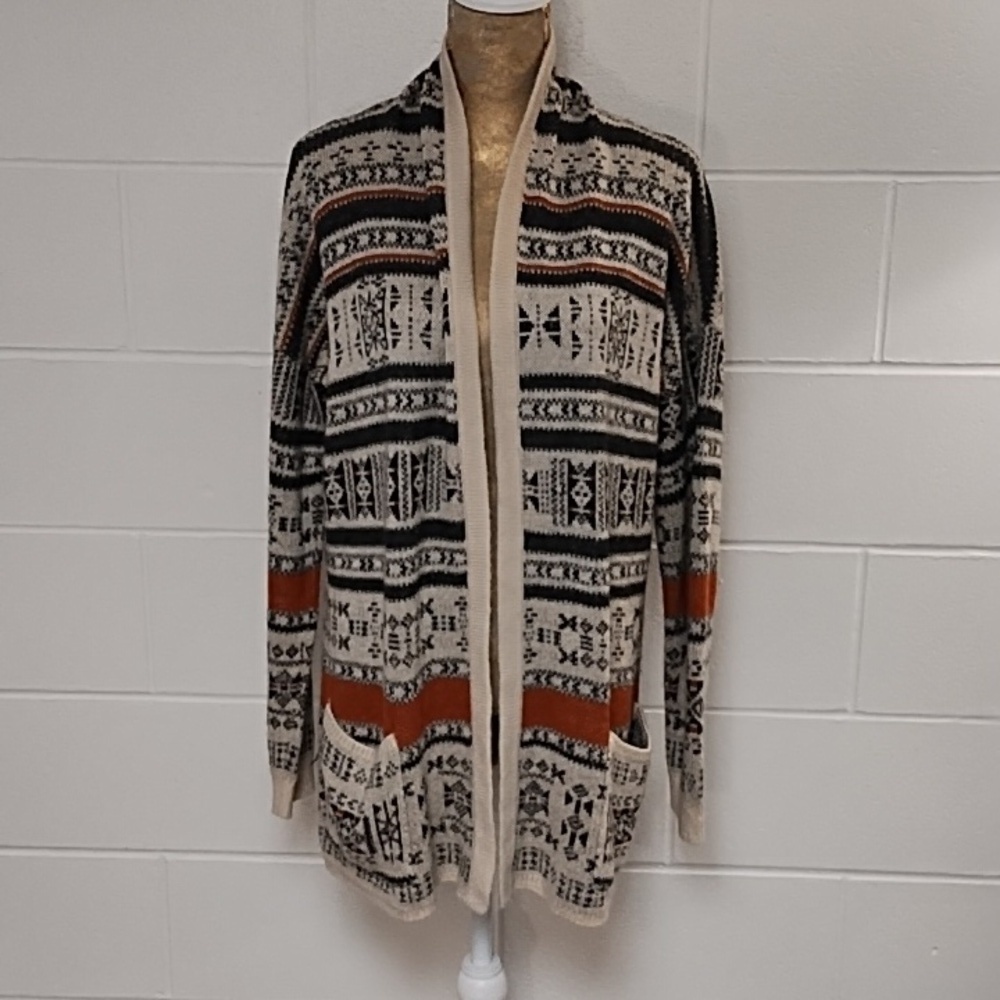 Free People Poof! Large Cotton Blend Open Front Long Cardigan Sweater Jacquard